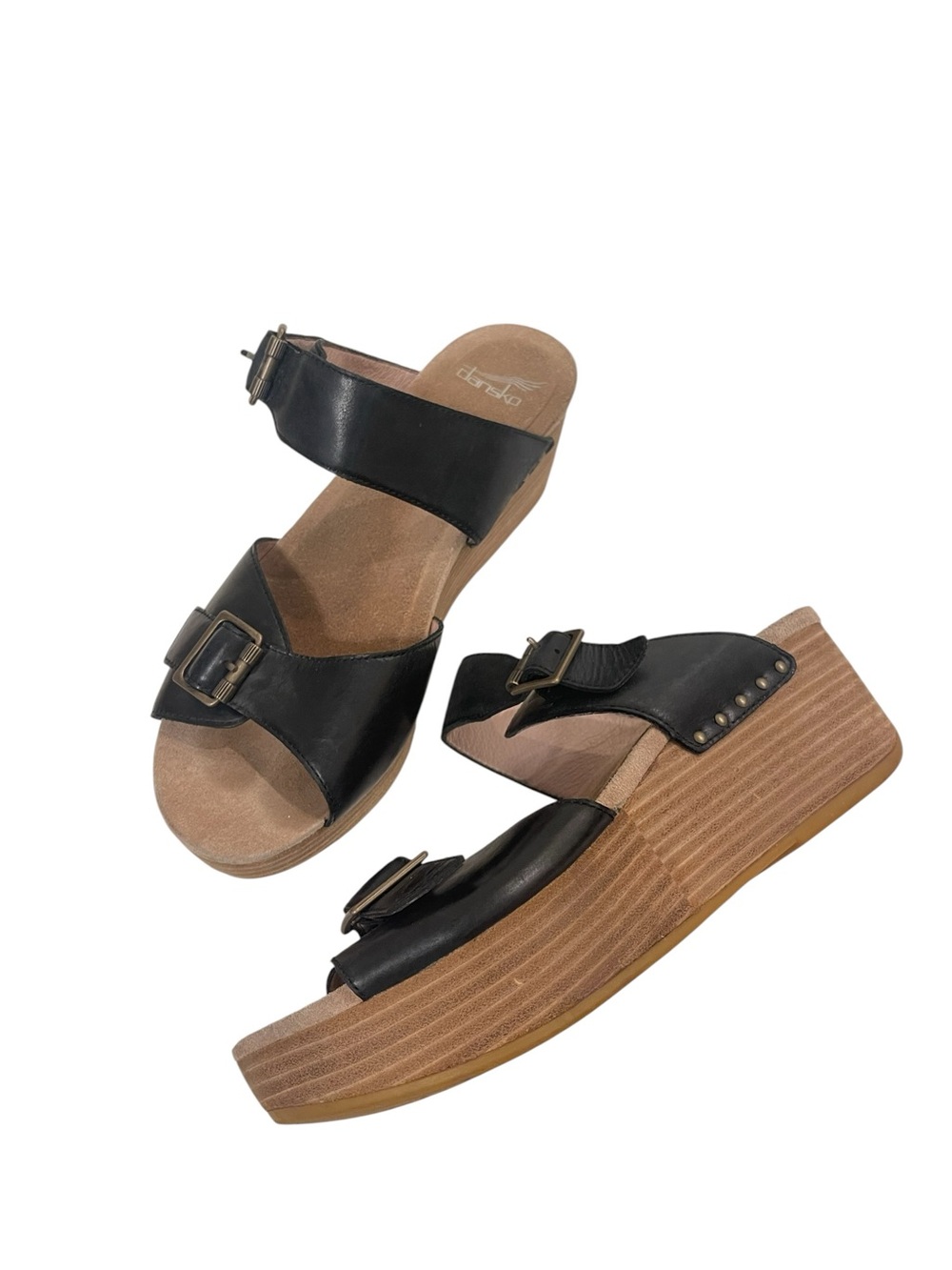 Dansko Selma Black Leather Wedge Sandals Buckle Shoes Platform